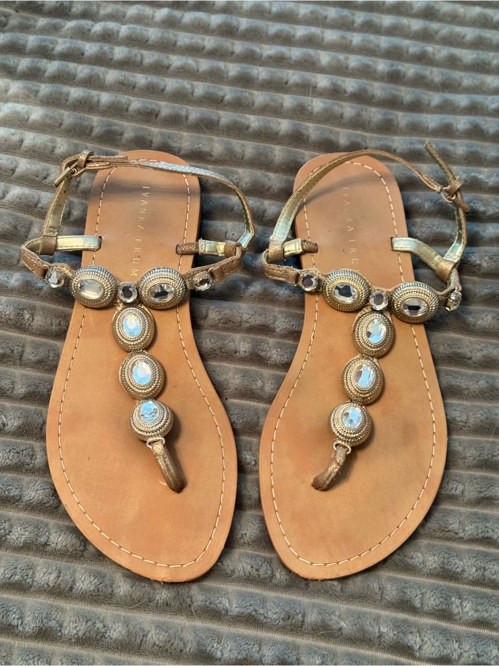 Faux-Leather Metallic Gold T-Strap Sandals with Jewel Accents